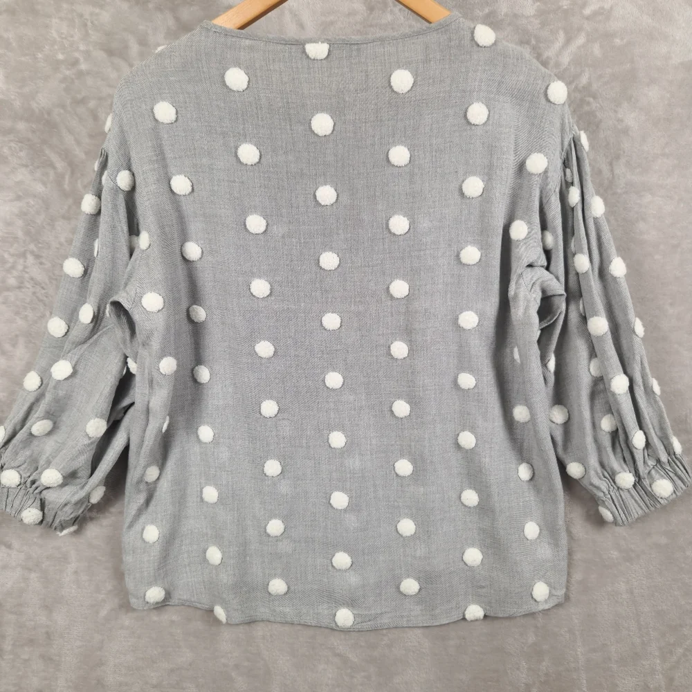 Zara Blouse Top Women's Size S Gray Pompom Details 7/8 Sleeves Office Casual - Picture 3 of 8